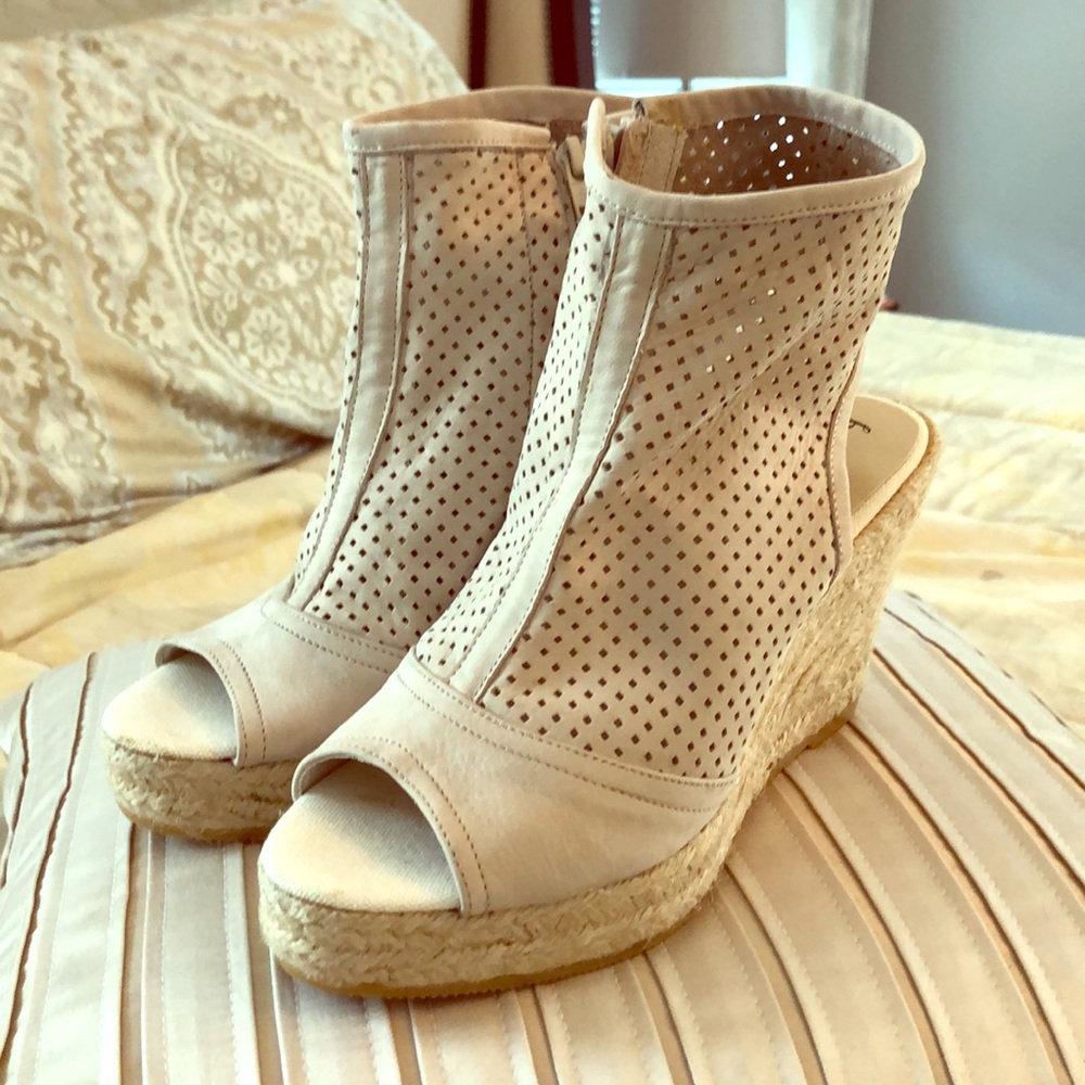 NEW Bettye Muller Suede Leather Peep Wedge Sandal